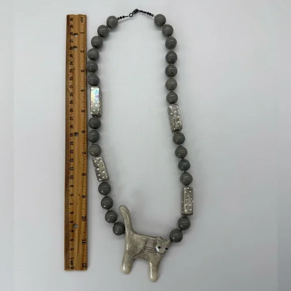 Whimsical Ceramic Grey Cat Necklace Handmade Folk Artisan Jewelry Studio Art OAK - Picture 5 of 6